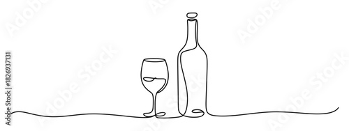 Continuous line drawing of a classic wine bottle and a elegant wine glass, capturing the essence of fine beverages and sophisticated drinks.