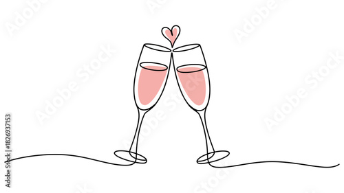 Continuous line drawing of two champagne glasses toasting with pink bubbly and a heart, symbolizing celebration, love, and special events. vector illustration.