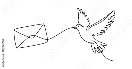 Continuous line illustration of a flying dove carrying an envelope in its beak, symbolizing global message delivery, fast communication, and modern postal service.