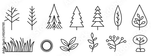 Minimalist outline plant icons set featuring diverse trees, leaves, grass, and sun. simple line art drawings for eco-friendly design elements.
