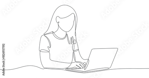 Continuous line art drawing of a young woman working on a laptop, depicting remote work, online learning, or creative digital tasks.
