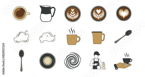 Coffee icons with latte art and barista tools in modern flat design