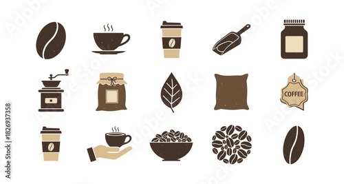 Minimalist coffee icons set featuring cups, beans, and accessories for cafes and coffee lovers