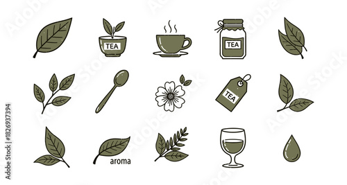 Elegant tea icon set: diverse leaf and drink symbols in modern flat design