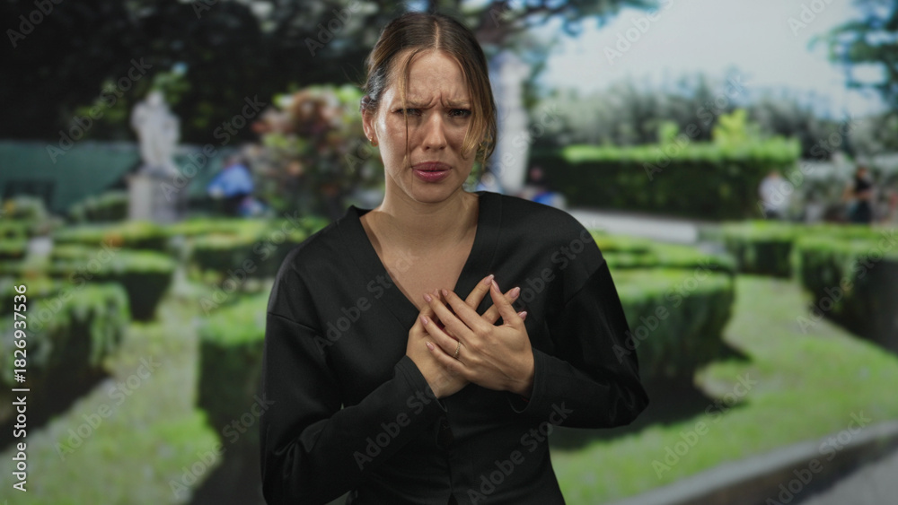 Fototapeta premium Woman clutching chest for heartattack in forest pathway beside hedge with hands pressed to sternum and grimace; medical emergency pain.