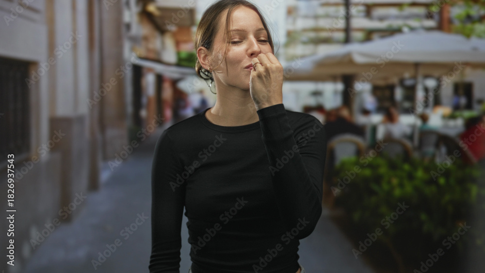 Fototapeta premium Woman blows a kiss with fingers to lips while smiling on a street restaurant terrace outdoors; playful affection.