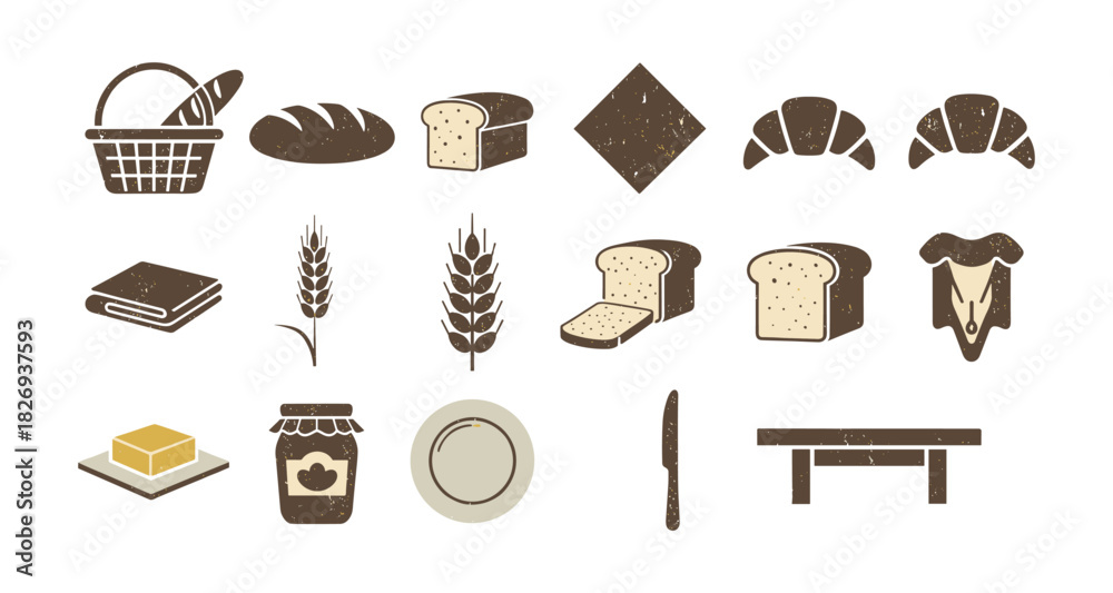 Fototapeta premium Rustic bakery elements on a distressed background with breads, pastries, and utensils