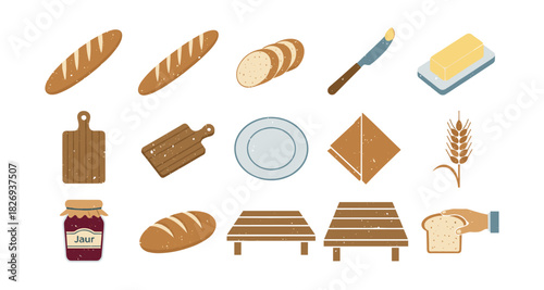 Bakery essentials: bread, utensils, and ingredients collection