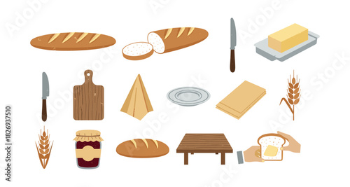 Breakfast essentials: bread, butter, and kitchen utensils set in flat design