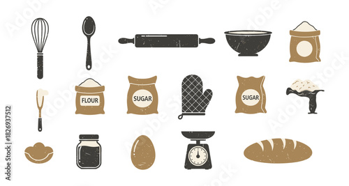 Rustic baking essentials icons: whisk, rolling pin, flour, sugar, egg, bowl, scale