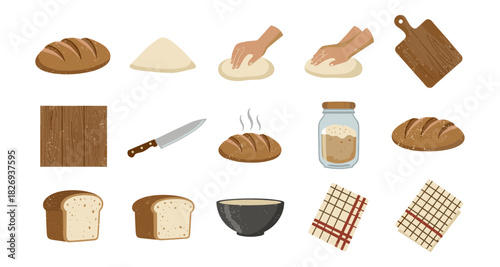 Rustic baking set with bread, dough, and kitchen utensils in flat design