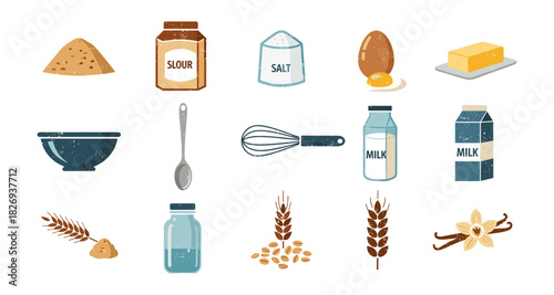 Baking ingredients set with milk, flour, sugar, butter, and vanilla