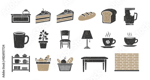 Rustic cafe elements: coffee mugs, bakery goods, and furniture icons