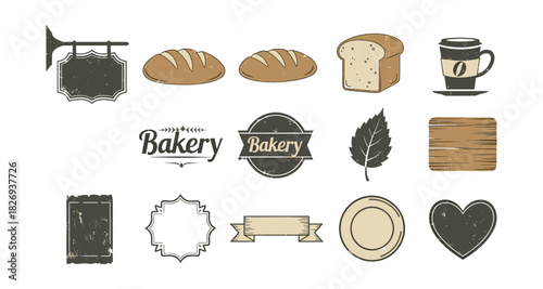 Rustic bakery elements with vintage style labels and breads