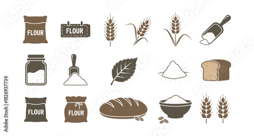 Rustic baking elements collection: flour, wheat, and bread icons in flat style