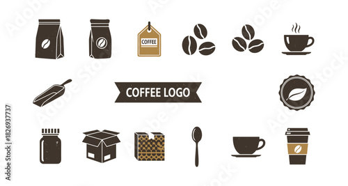 Coffee branding icons: retro style logos, cups, and packaging elements for cafes