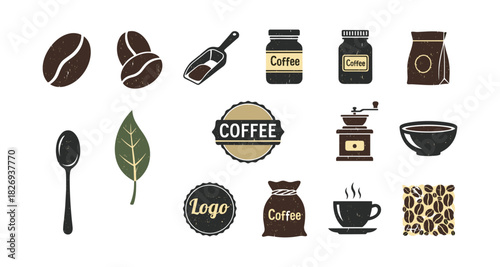 Vintage coffee elements set: beans, cups, grinders, and labels for cafes