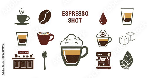 Coffee icons collection: cups, beans, machines, and more in vintage style