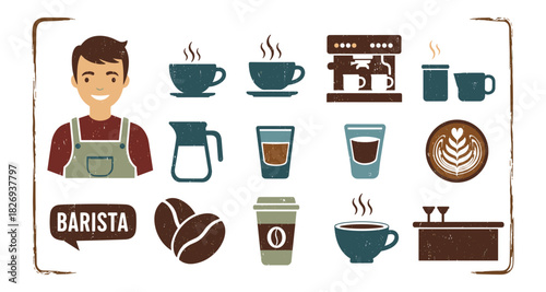 Coffee culture elements with barista and espresso icons in retro style