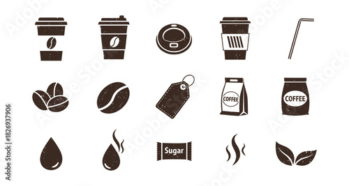 Coffee icons collection featuring cups, beans, and accessories in retro flat style