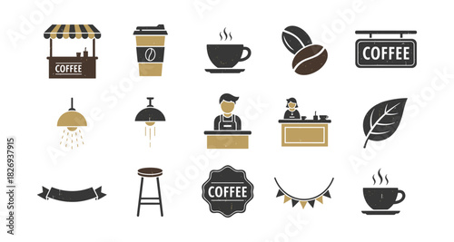Coffee shop essentials in flat style: cups, baristas, beans, and decor