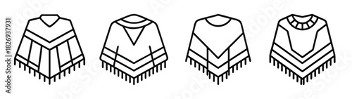 Collection of four black and white poncho illustrations with fringe and geometric patterns
