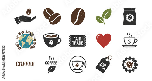 Sustainable coffee icons with fair trade and organic symbols