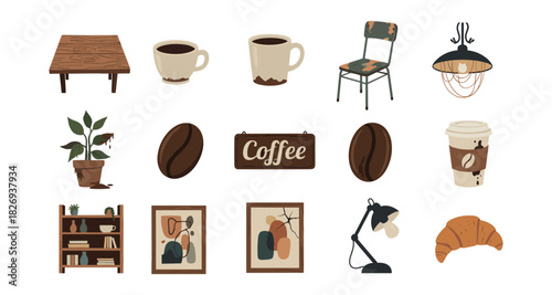 Cozy cafe elements collection with coffee, furniture, and decor in flat style