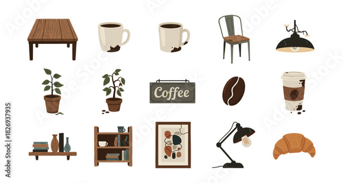 Cozy cafe elements with coffee cups, plants, and rustic decor