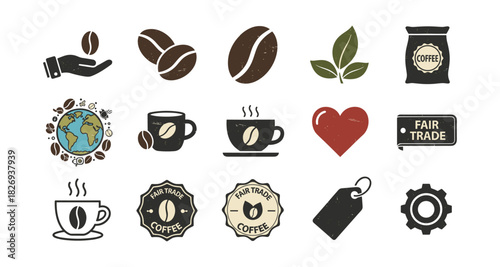 Rustic coffee icons set: organic, fair trade, and eco-friendly symbols