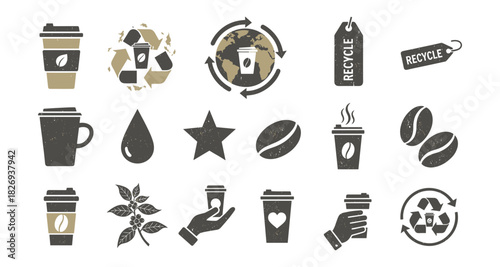 Eco-friendly coffee icons: sustainable and recyclable design elements