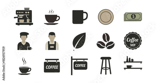 Coffee shop icon set featuring equipment, drinks, and decor elements in flat design