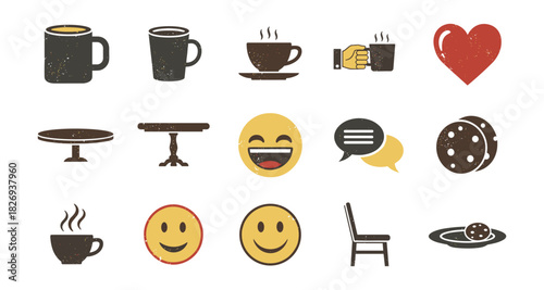 Retro coffee mugs and smiley faces with textured rustic design elements