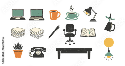 Retro office essentials in grunge style with vintage technology and stationery elements