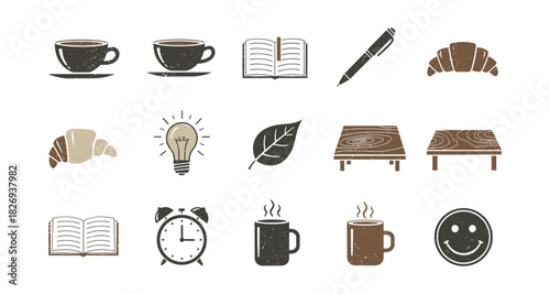 Vintage style coffee and breakfast elements including cups, books, and croissants