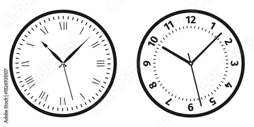 Two analog clocks displaying different times with roman and arabic numerals