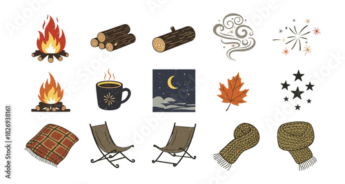 Cozy autumn elements with campfire, warm drinks, and night sky icons
