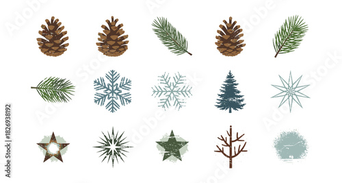 Winter nature elements collection: pine cones, snowflakes, stars, and trees in rustic style