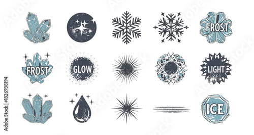 Frost and crystal designs featuring snowflakes and ice elements in flat style