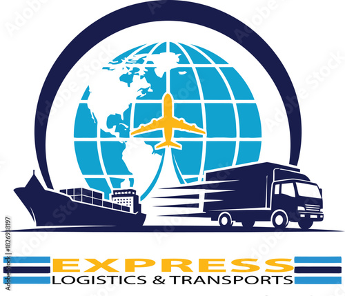 Global logistics and transportation logo with airplane ship and truck