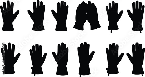 Black glove silhouettes collection, isolated hand shapes, fashion accessory icons, protective wear design, vector illustration set