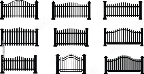 Black fence and gate silhouette vector collection, classic and decorative garden fence designs for architecture, landscape, security, and home projects