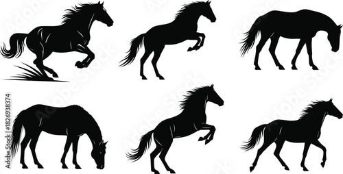 Black horse silhouettes in various dynamic poses, running, jumping, grazing, elegant stallions, wild horses, nature, animal, equine, freedom, motion, power, beauty, outdoors