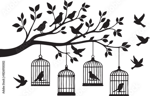  a large tree branch with leaves, silhouettes of perched birds, and several vintage birdcages hanging from the branches silhouette vector