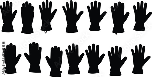 Black glove silhouettes collection, protective handwear icons, safety equipment, fashion accessory, industrial work gloves, vector illustration set, isolated design elements
