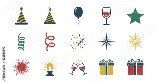 Festive celebration icons: party hats, balloons, gifts, and sparkling symbols in retro style