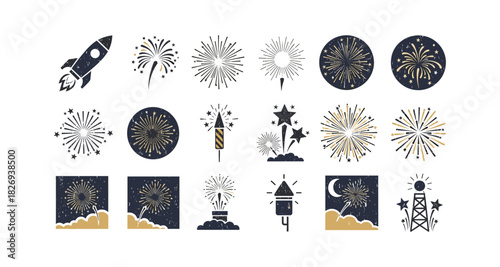 Festive fireworks icons set with celebration elements in flat design