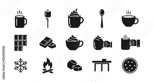 Cozy black and white icons for winter hot drinks and treats