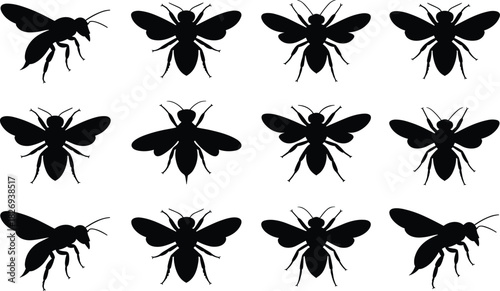 Black bee silhouettes, insect icons, flying bees, nature insects, pollinators, honeybees, vector shapes, insect collection, bee set, isolated bees