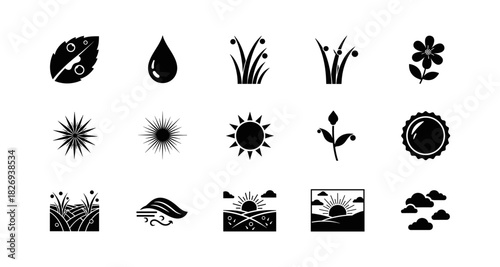Nature icons set: silhouette leaves, flowers, sun, clouds, water drops